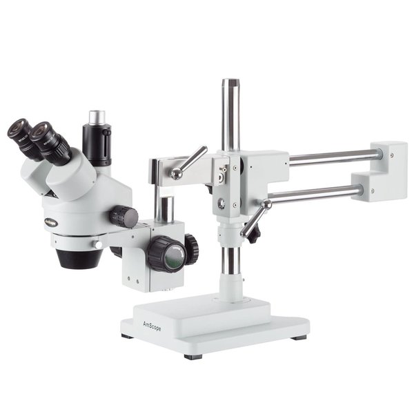 Amscope 7X-45X Simul-Focal Trinocular Boom-Arm Stereo Microscope, 144-LED Multi-Zone Ring Light SM-4TP-144A
